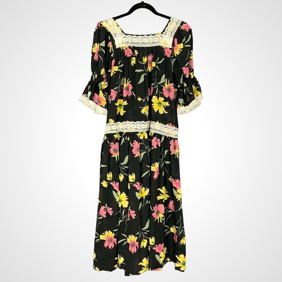 Handmade Muumuu Dress Sheer Black Floral Puffed Sleeve‎ Dropped Waist Lace Midi - Picture 2 of 10